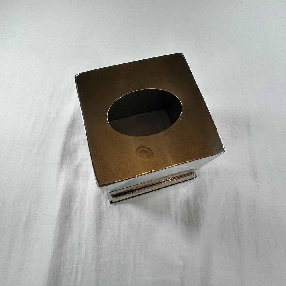 Pottery Barn Mercer Silver Metal Tissue Box Cover Holder Cube Mirrored Steel